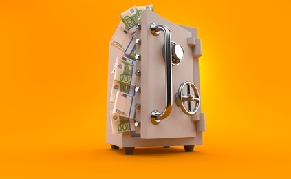 euro currency inside safe on orange background. 3d illustration