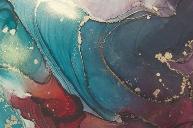 luxury abstract fluid art painting in alcohol ink technique, mixture of dark blue and purple paints.  imitation of marble stone cut, glowing golden veins. tender and dreamy design. 