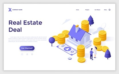 landing page template with house, dollar coins, buyer and seller shaking hands. concept of real estate deal, buying home, purchase agreement. modern colorful isometric vector illustration for website.