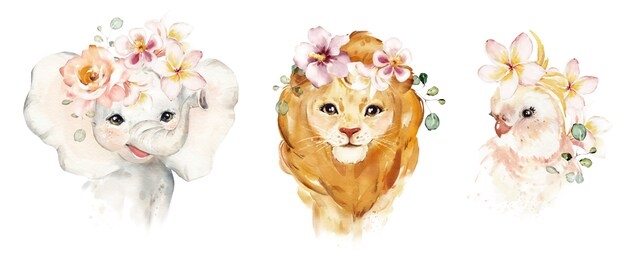 watercolor illustration tropical animal portrait with flowers. exotic kids summer print for party. cute poster with elephant, leo, parrot 