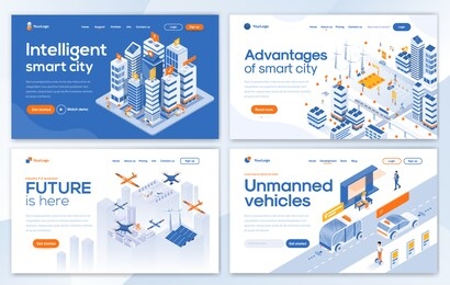 set of landing page design templates for intelligent smart city, advantages of smart city, future is here and unmanned vehicles. easy to edit and customize. modern vector illustration concepts