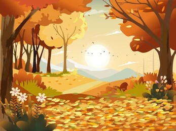autumn landscape wonderland forest with grass land, mid autumn natural in orange foliage, fall season with beautiful panoramic view with sunset behind mountain and maples leaves falling from trees 