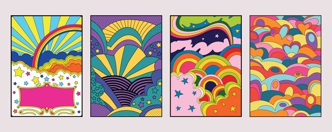 psychedelic background set 1960s style, bright colors, vintage shapes, rainbows, clouds and stars