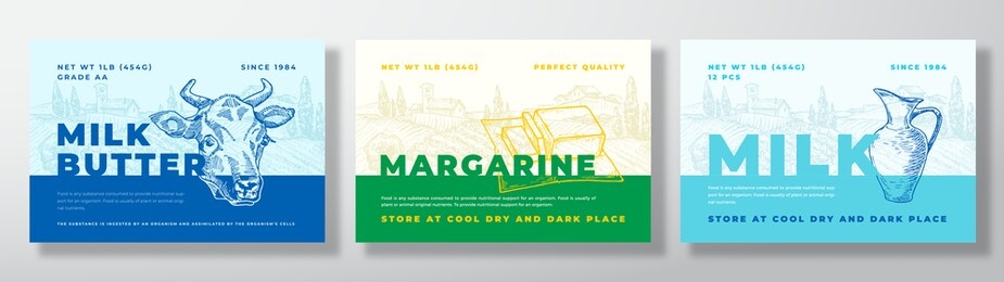 butter, margarine and milk dairy food label templates set. abstract vector packaging design layouts bundle. modern typography banners with hand drawn rural landscape background. isolated.