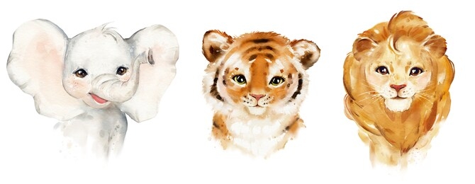 
watercolor portrait elephant, tiger, leo 