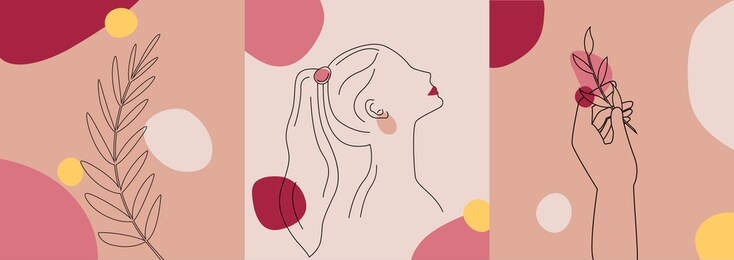 vector illustration of minimal style cards. beautiful backgrounds with plant branch, woman face and hand holding branch