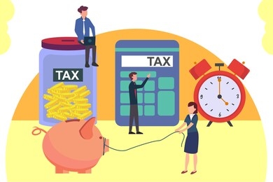tax calculation vector concept: business group doing tax savings calculation