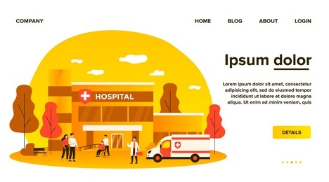 hospitalized patients and doctors near hospital flat vector illustration. cartoon people in front of medical building. emergency and healthcare concept