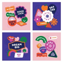 vector set of design elements, patches and stickers with inspirational phrases - abstract elements for branding, packaging, prints and social media posts