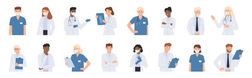 hospital staff. doctors in white coats portrait, nurse in face mask and medical student. doctor with stethoscope  illustration . pediatrician healthcare specialist, man and woman students