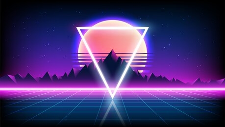 80s retro sci-fi background with sunrise or sunset night sky with stars, mountains landscape infinite horizon mesh in neon game style. futuristic synth retrowave illustration in 1980s posters style