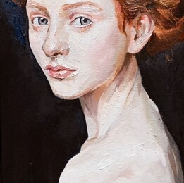 art painting. portrait of a girl with red hair is made in a classic style. background is dark.