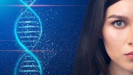 genetics and cosmetology concept. beautiful young woman with perfect skin and dna helix on blue background, collage with copy space. panorama