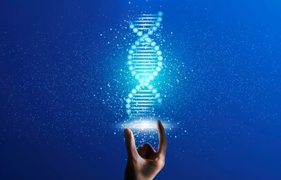 medical science and biotechnologies concept. glowing dna molecule in male hand, blue background. collage