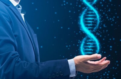 young man in business suit holding glowing dna spiral in his hands against dark background, creative collage