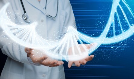 genetic engineering in medicine. female doctor operating dna molecule over blue background, collage. panorama