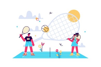 coaches and kids on the court practicing with rackets in summer camp, tiny people. tennis camp, tennis academy, junior tennis training concept. bright vibrant violet vector isolated illustration