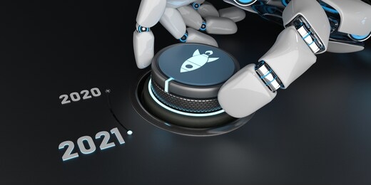 robot turns the knob and switches to 2021. 3d illustration.
