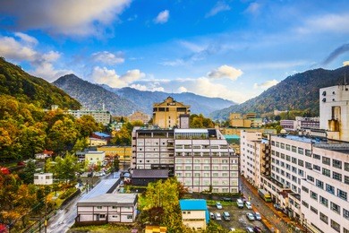 jozankei, japan hot spring resort town during the autumn season.