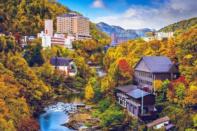 jozankei, japan hot spring resort town during the autumn season.