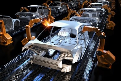automation aumobile factory concept with 3d rendering robot assembly line in car factory