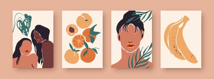 abstract women portrait set, trendy diverse woman illustration collection with tropical nature decoration and still life fruit. wall print template for fashion, feminist, or beauty concept.