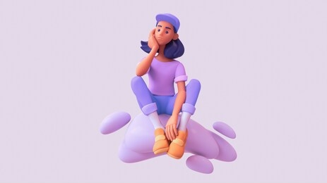 pensive black girl sitting on clouds propping her face with her hand. casual young girl with dark hair in purple t-shirt, blue jeans, orange sneakers, white socks and cap on her head. 3d illustration.
