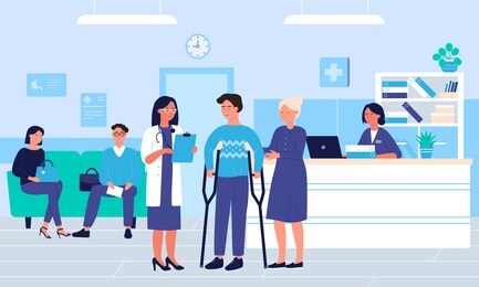 people in large intensive therapy hospital hall room flat illustration. nurse works on laptop at counter, doctor talks with crutch guy and his mother, man and woman sitting at sofa