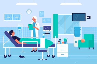 doctor visits patient in hospital ward flat character illustration. detailed interior modern clinic, large light room, comfortable bed and medical equipment. hospital intensive therapy room.