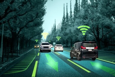 autonomous car sensor system concept for safety of driverless mode car control . future adaptive cruise control sensing nearby vehicle and pedestrian . smart transportation technology .