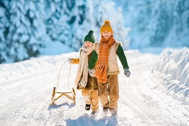 two little kids have fun in the beautiful winter nature with snow-covered trees. children walk along a snowy road pulling a sled. winter knitted wool retro clothes.