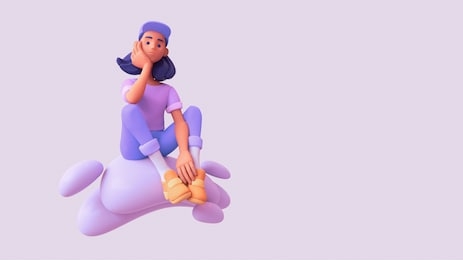 young black girl student sits on a cloud thinks over a decision and tries to make the right choice. pensive casual woman in purple t-shirt, blue jeans, orange sneakers, white socks, cap. 3d render.