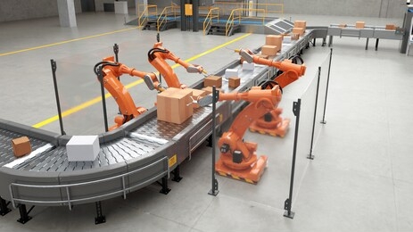 robots on the assembly line in factory as automation of assembly and packaging in industry (3d rendering)