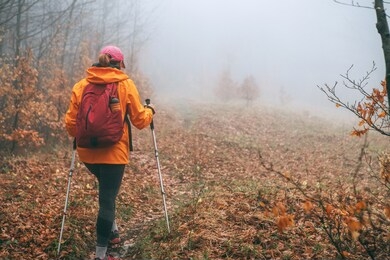 dressed bright orange jacket young female backpacker walking by the touristic path using trekking poles in autumn foggy forest. active people and autumnal moody vacation time spending concept image. 