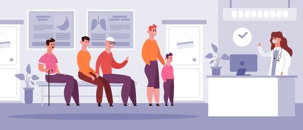 clinical waiting room. doctor medical appointment time, patients waiting in queue, hospital physician doctor meet arrangement  illustration. hospital clinic waiting room, medical doctor office
