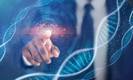 human genetics research. black businessman touching imaginary screen with dna spirals, collage. panorama