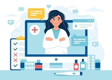 online doctor appointment. female doctor on the computer screen. illustration in flat style