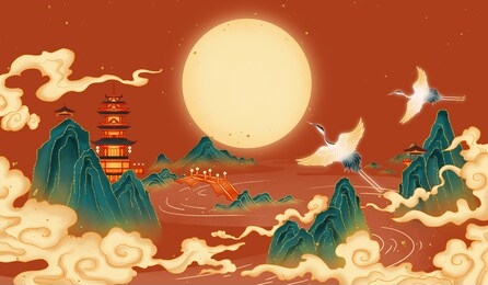 chinese style landscape architecture painting. oriental landscape painting