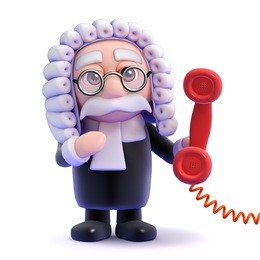3d render of a judge holding a red telephone