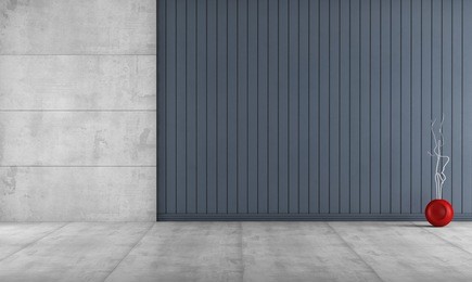 minimalist room without furniture with concrete panel and blue wooden slats - rendering