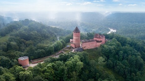 turaida castle of sigulda. castle of the livonian order in sigulda. flat lay of the most beautiful latvian landmark. sigulda - one of the most popular tourist destination in latvia.