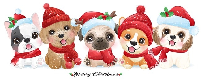 cute doodle puppy for christmas with watercolor illustration