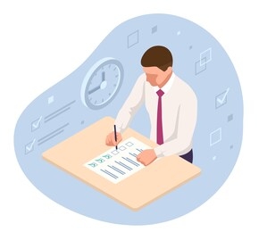 student filling out answers to answer sheet with pencil. isometrc school exam test results in high school, university exam, business school.