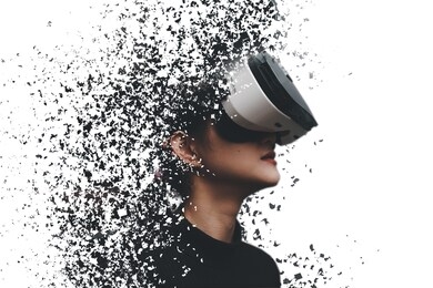 woman wearing virtual reality goggles in modern coworking studio. smartphone using with vr headset. horizontal, blurred