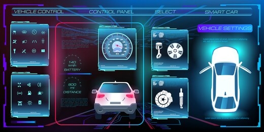 virtual graphic touch user interface hud. car service station. smart electric car. management, analysis and diagnostics. holographic panel with car parameters