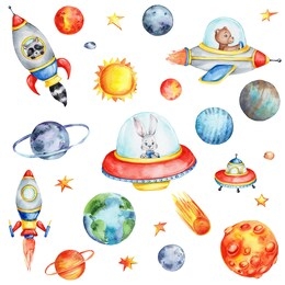 big cosmic set with cartoon spaceships, planets, sun and stars; watercolor hand draw illustration; can be used for stickers or kid posters; with white isolated background