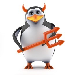 3d render of a penguin with horns and a trident
