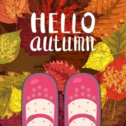 women red shoes on autumn leaves. lettering hello autumn. poster, banner vector illustration isolated