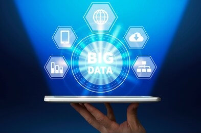 big data digital hologram with multimedia icons over digital tablet in male hand, creative collage in futuristic design