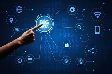 man pressing big data button on virtual screen with digital icons network, creative collage in futuristic design over dark background